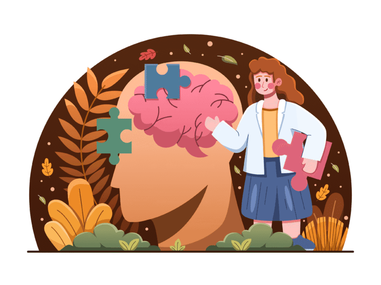 Mental health awareness illustration showing brain with puzzle pieces and healthcare professional representing cognitive therapy concepts