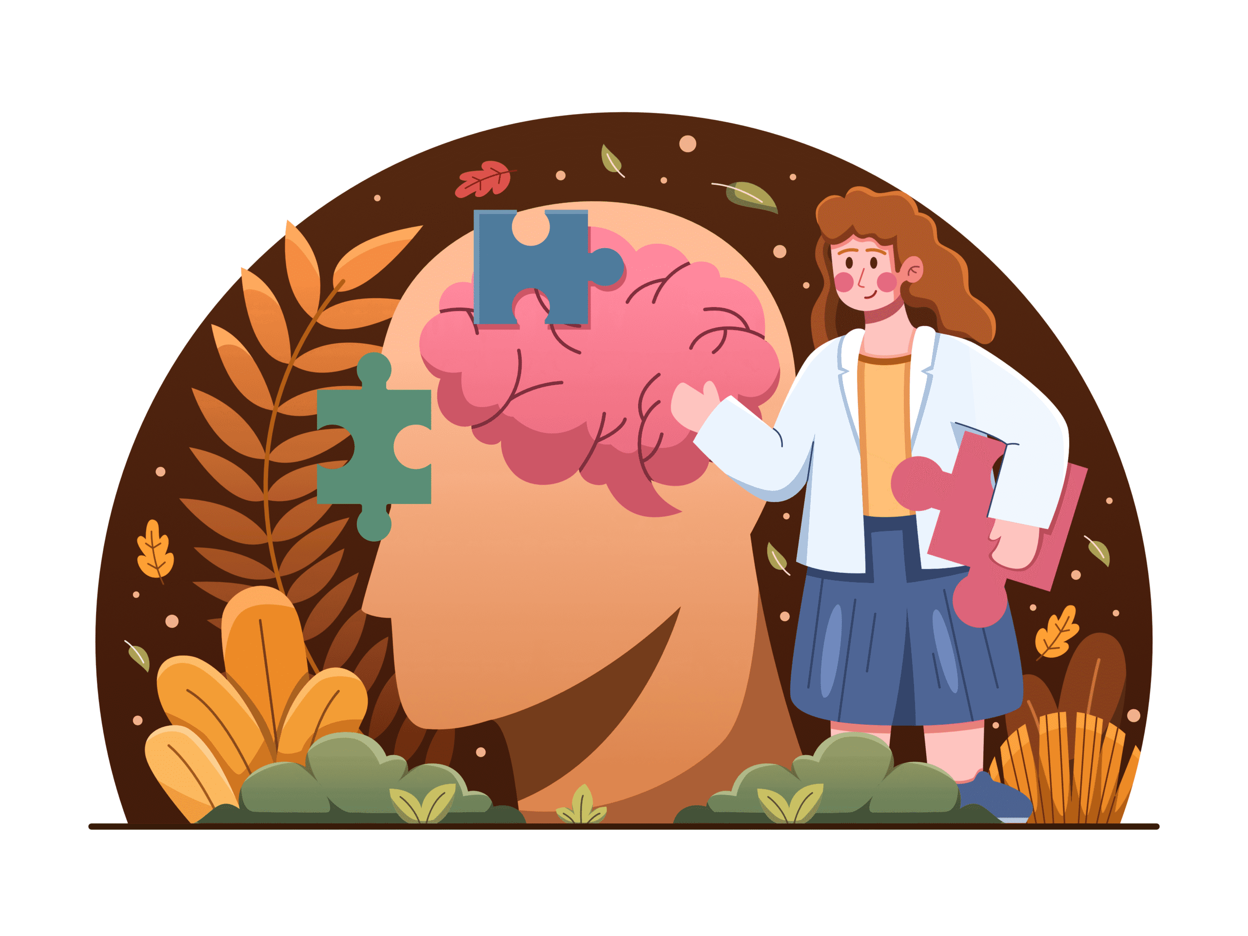 Mental health awareness illustration showing brain with puzzle pieces and healthcare professional representing cognitive therapy concepts
