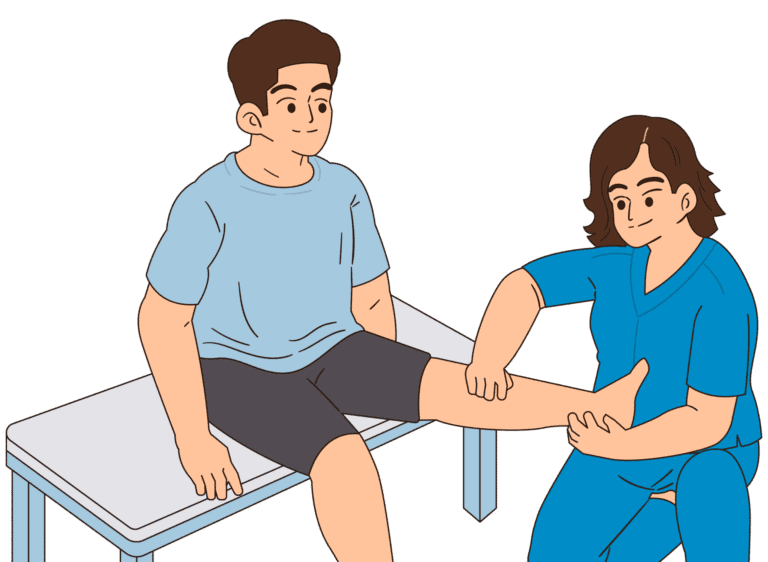 Illustrated graphic showing osteopathic treatment with therapist performing manual therapy on patient's leg