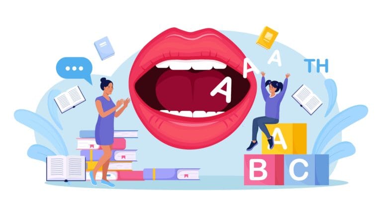 Speech therapy illustration featuring large mouth with alphabet letters and speech-language pathologists representing communication development
