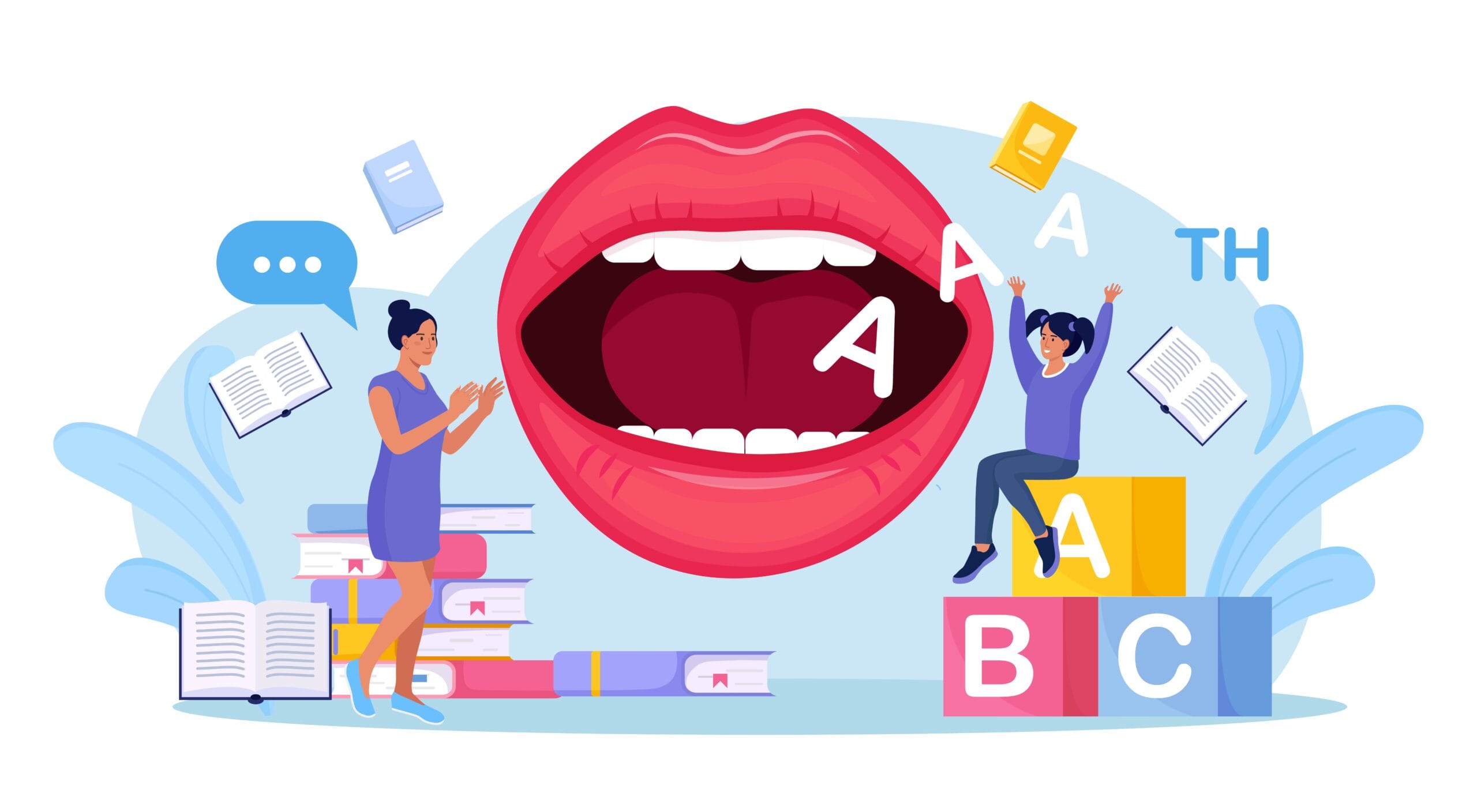 Speech therapy illustration featuring large mouth with alphabet letters and speech-language pathologists representing communication development